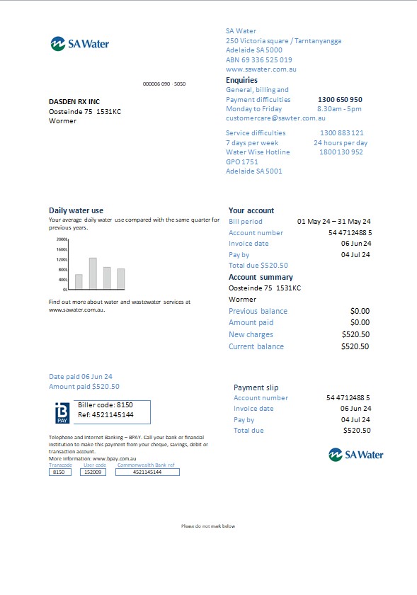 Netherlands SA water business utility bill Word and PDF template PSD template